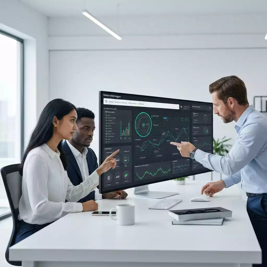 Business professionals analyzing data on a dashboard with AI-driven insights, clean office environment, no text, no words, no typography, clean image