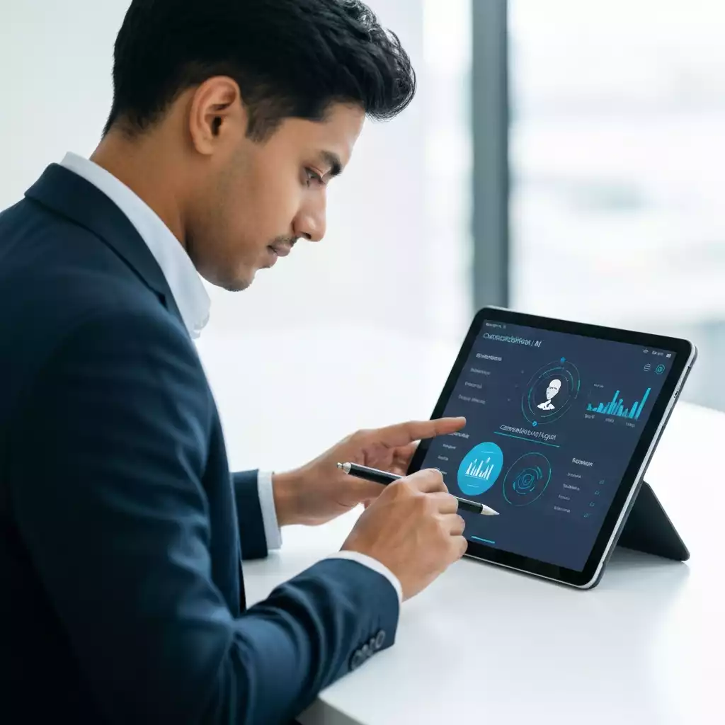 Business professional analyzing data on a tablet with conversational AI insights, clean modern office environment