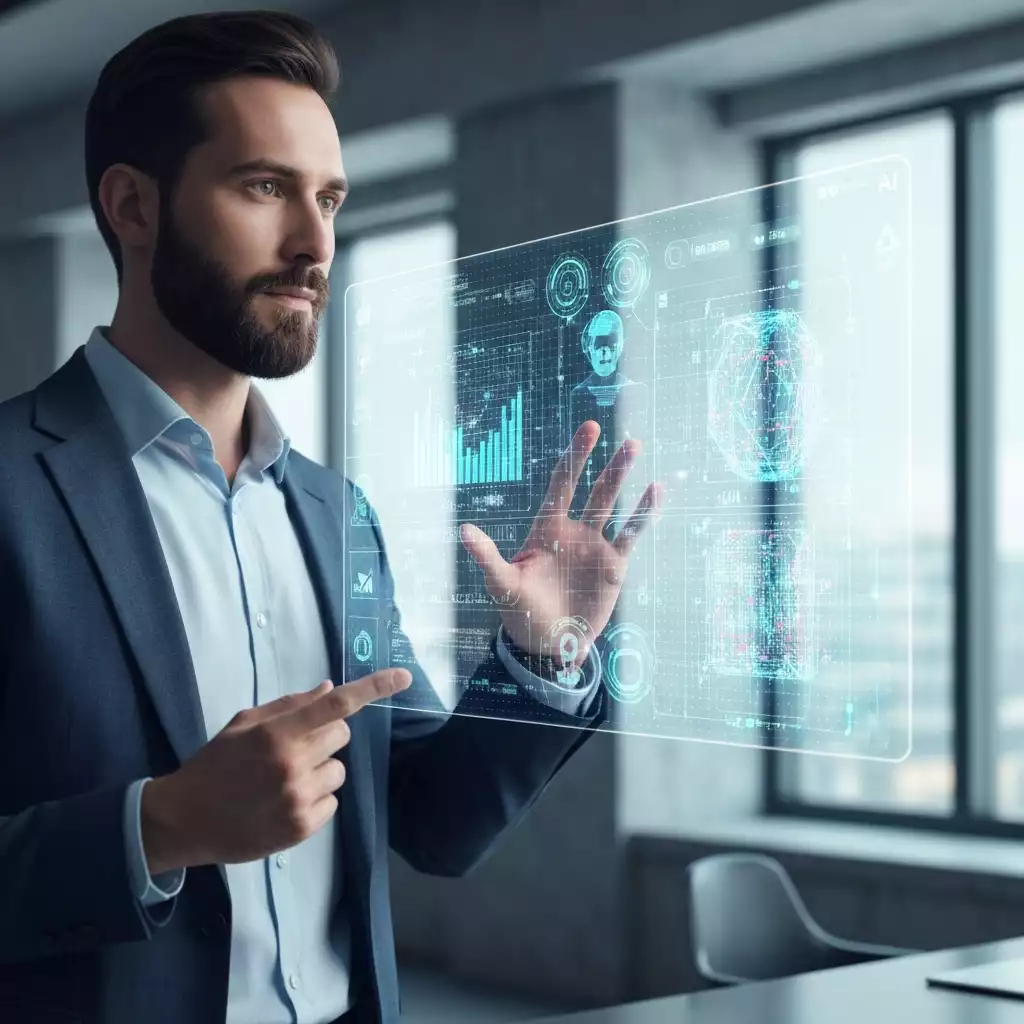 Person interacting with a futuristic holographic AI interface, showcasing seamless conversation and data processing