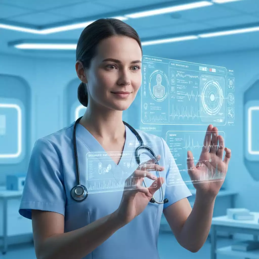 Healthcare professional interacting with a holographic AI interface displaying patient data, futuristic clinic setting, no text, no words, no typography, clean image