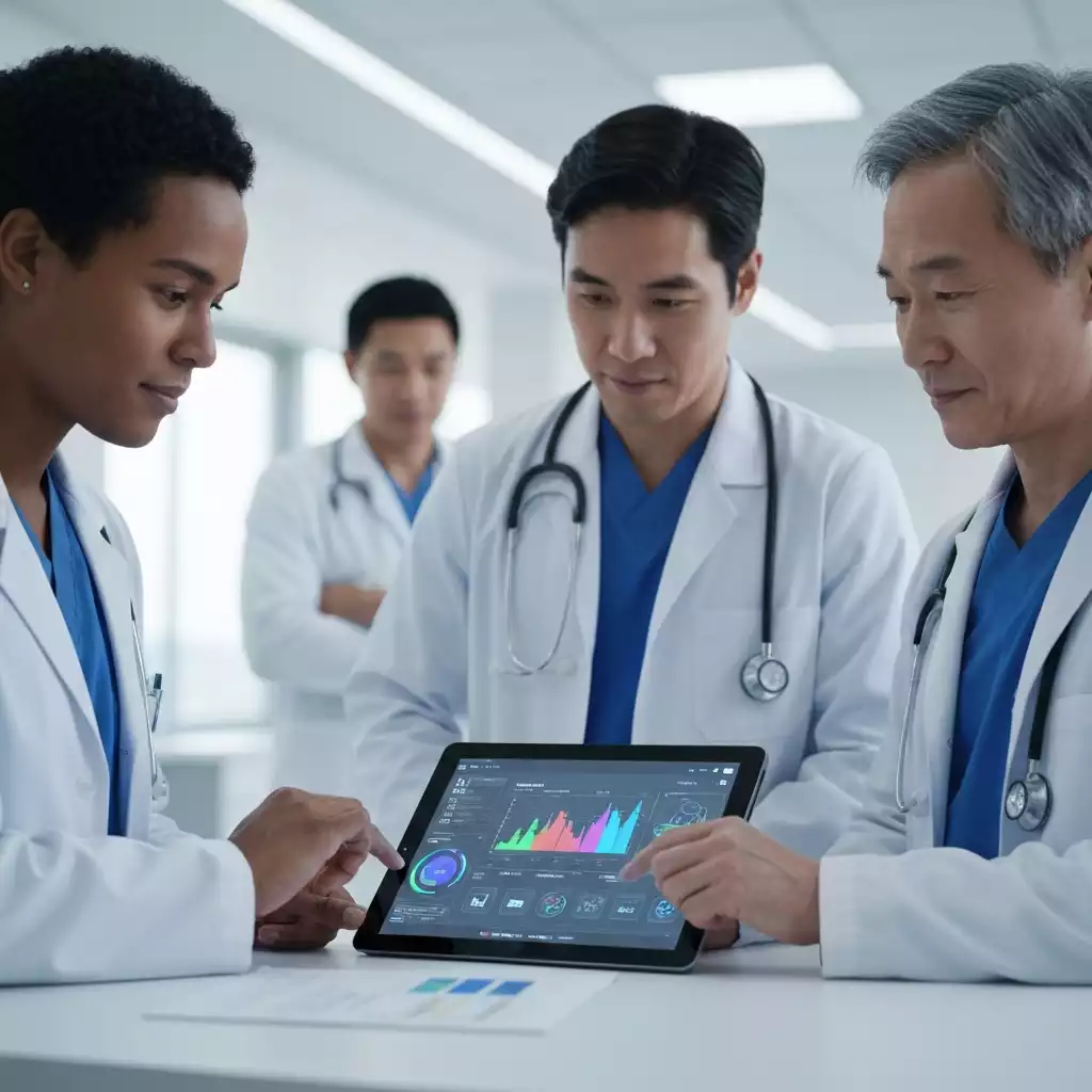 Medical professional analyzing data on a tablet with AI-powered analytics, modern hospital background, no text, no words, no typography, clean image