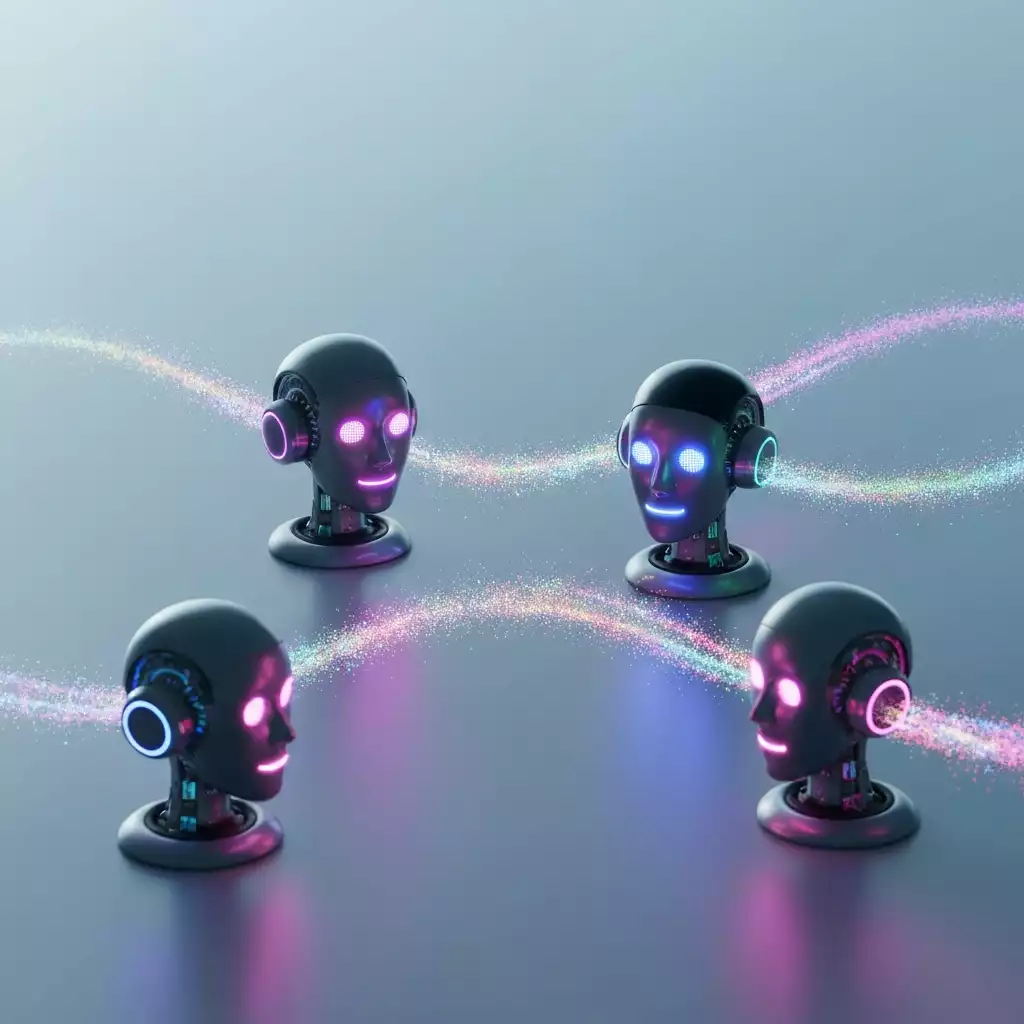 AI agents collaborating to solve a complex business problem, with data flowing between them in a digital environment