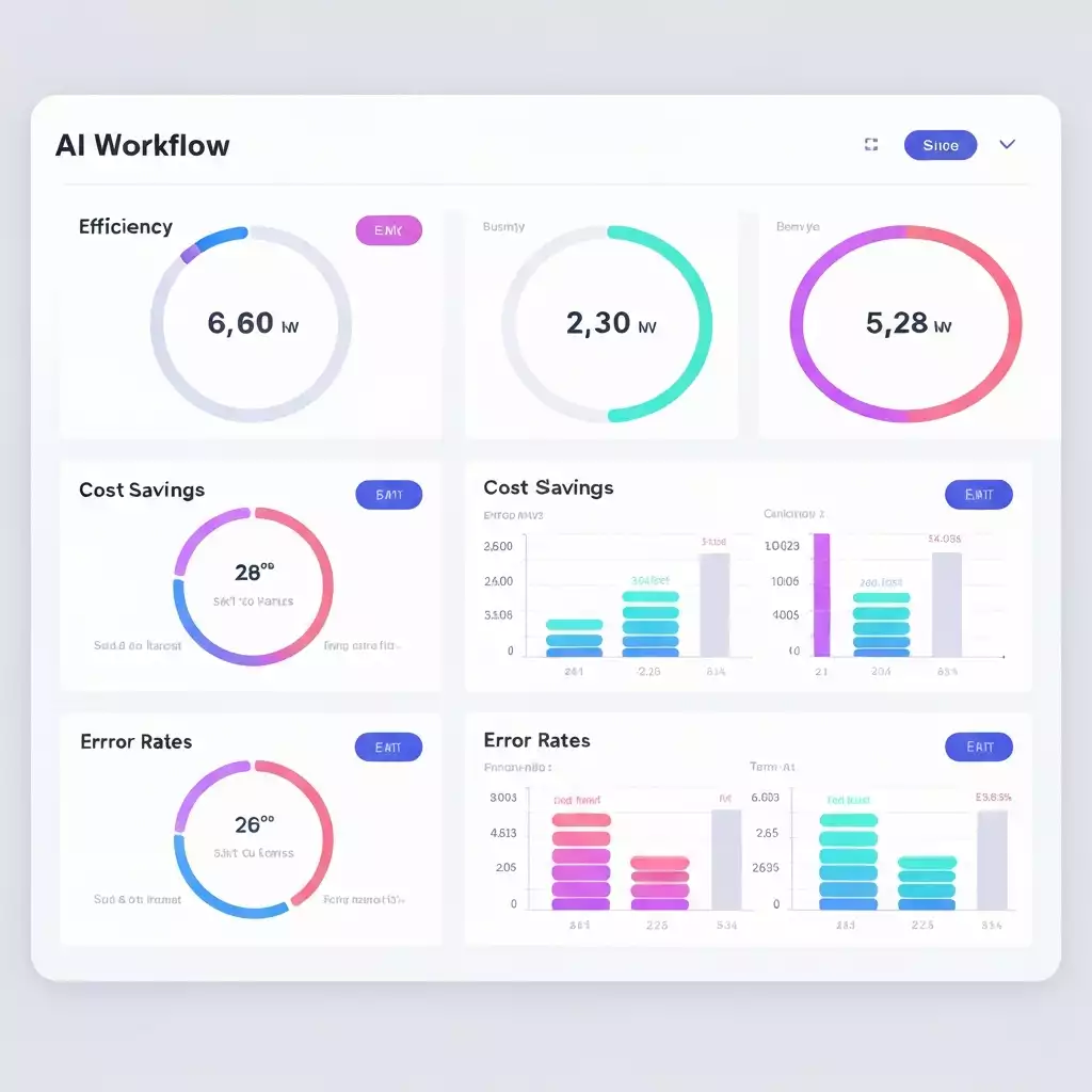 A dashboard displaying various performance metrics for an AI workflow, including efficiency, cost savings, and error rates