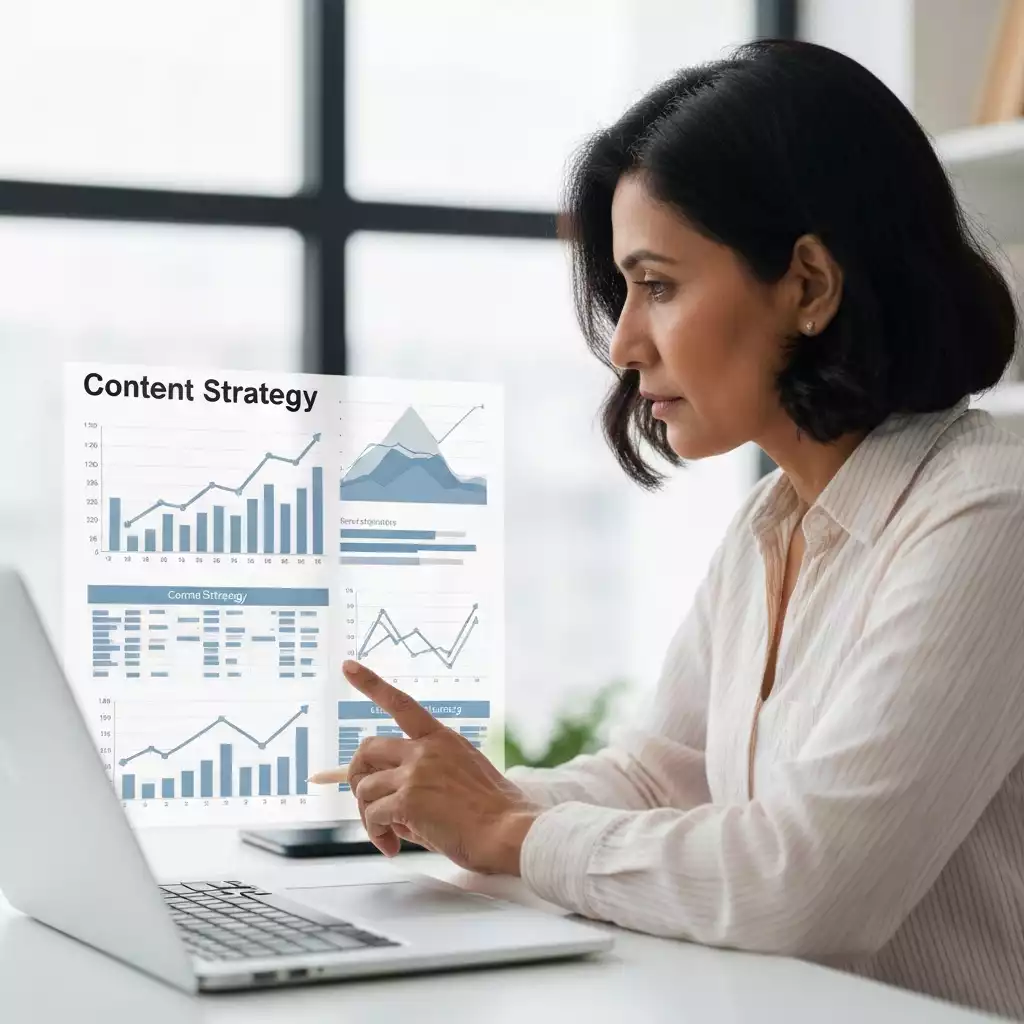 Person analyzing data on a laptop with growth charts in the background, clean image, no text, no words, no typography